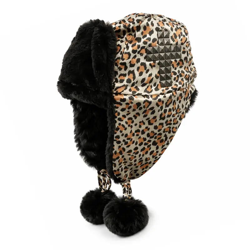 Pom Poms Women Winter Leopard Print Bomber Hat