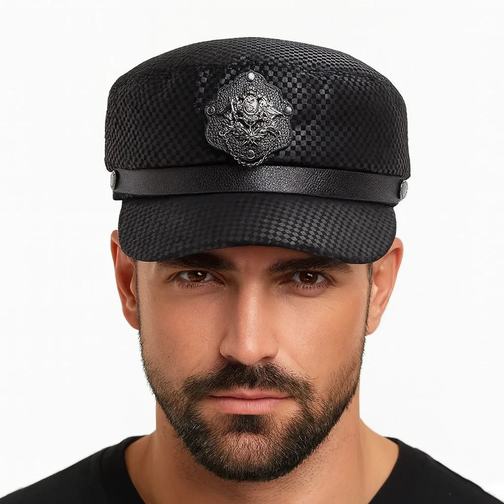 Punk Black Genuine Leather Sailor Cap