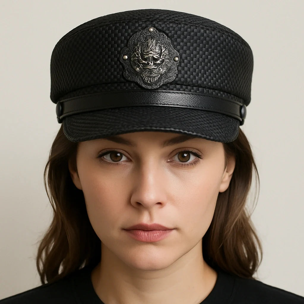 Punk Black Genuine Leather Sailor Cap