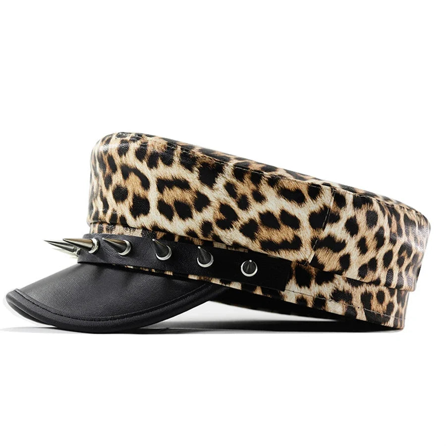 Punky Leopard Leather Sailor Cap