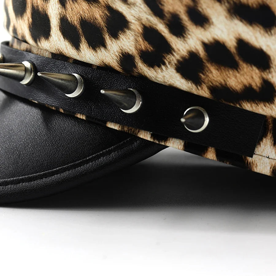 Punky Leopard Leather Sailor Cap
