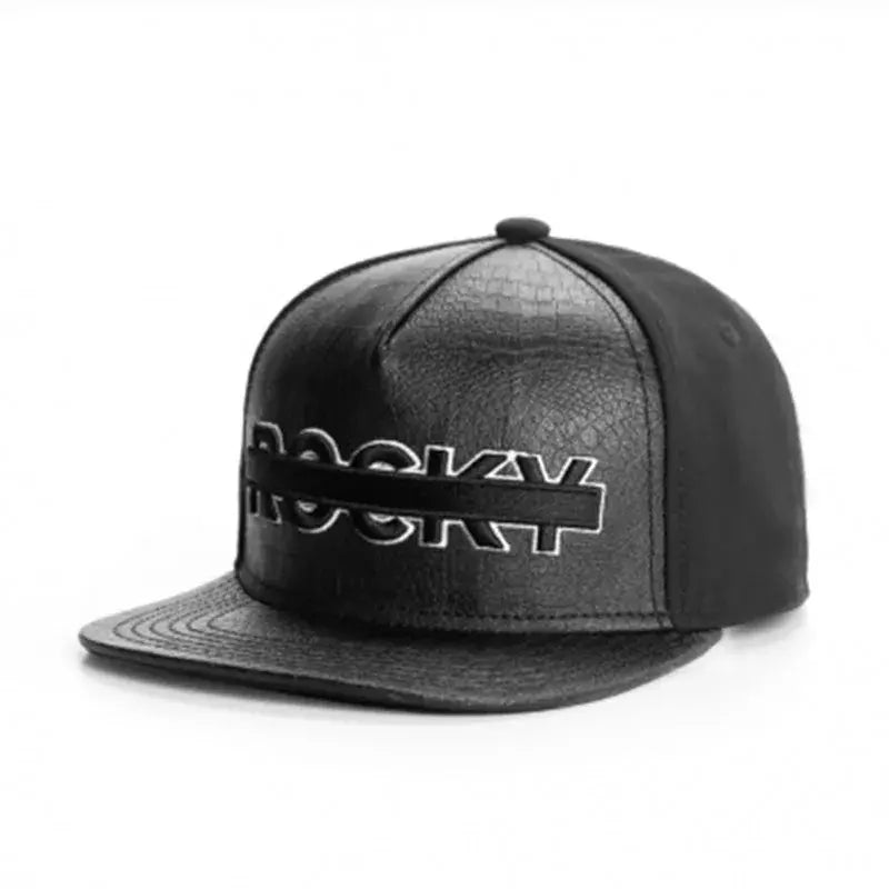 ROCKY Black Leather Snapback Cap