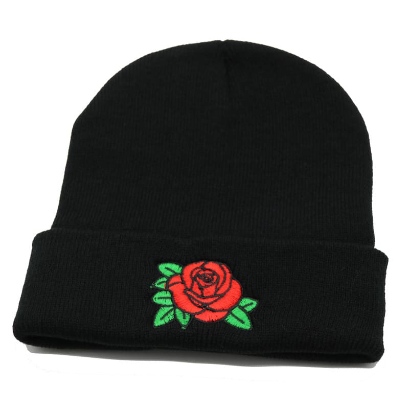 Red Rose Black Cotton Beanie