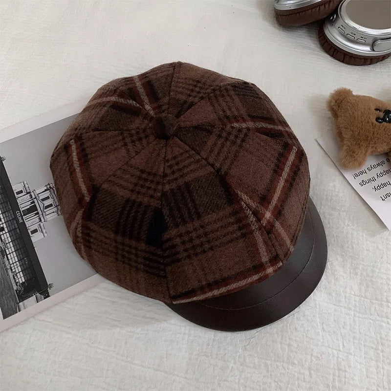 Seattle Women Tartan Leather Cotton Newsboy Cap
