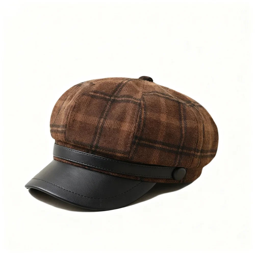 Seattle Women Tartan Leather Cotton Newsboy Cap