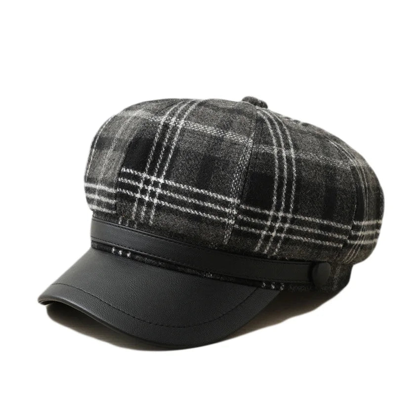 Seattle Women Tartan Leather Cotton Newsboy Cap
