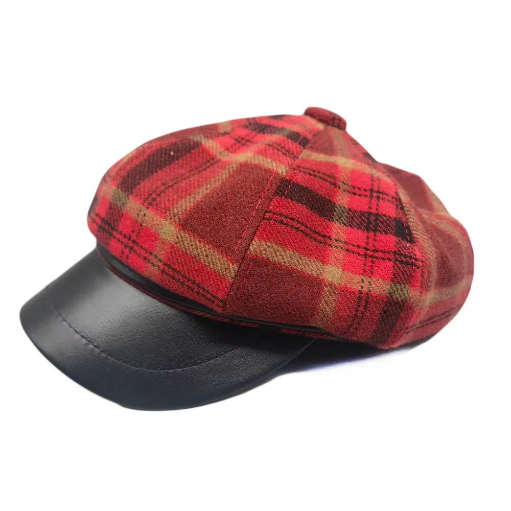Seattle Women Tartan Leather Cotton Newsboy Cap