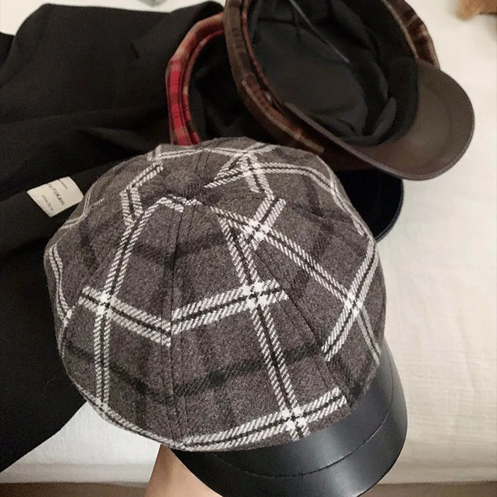 Seattle Women Tartan Leather Cotton Newsboy Cap