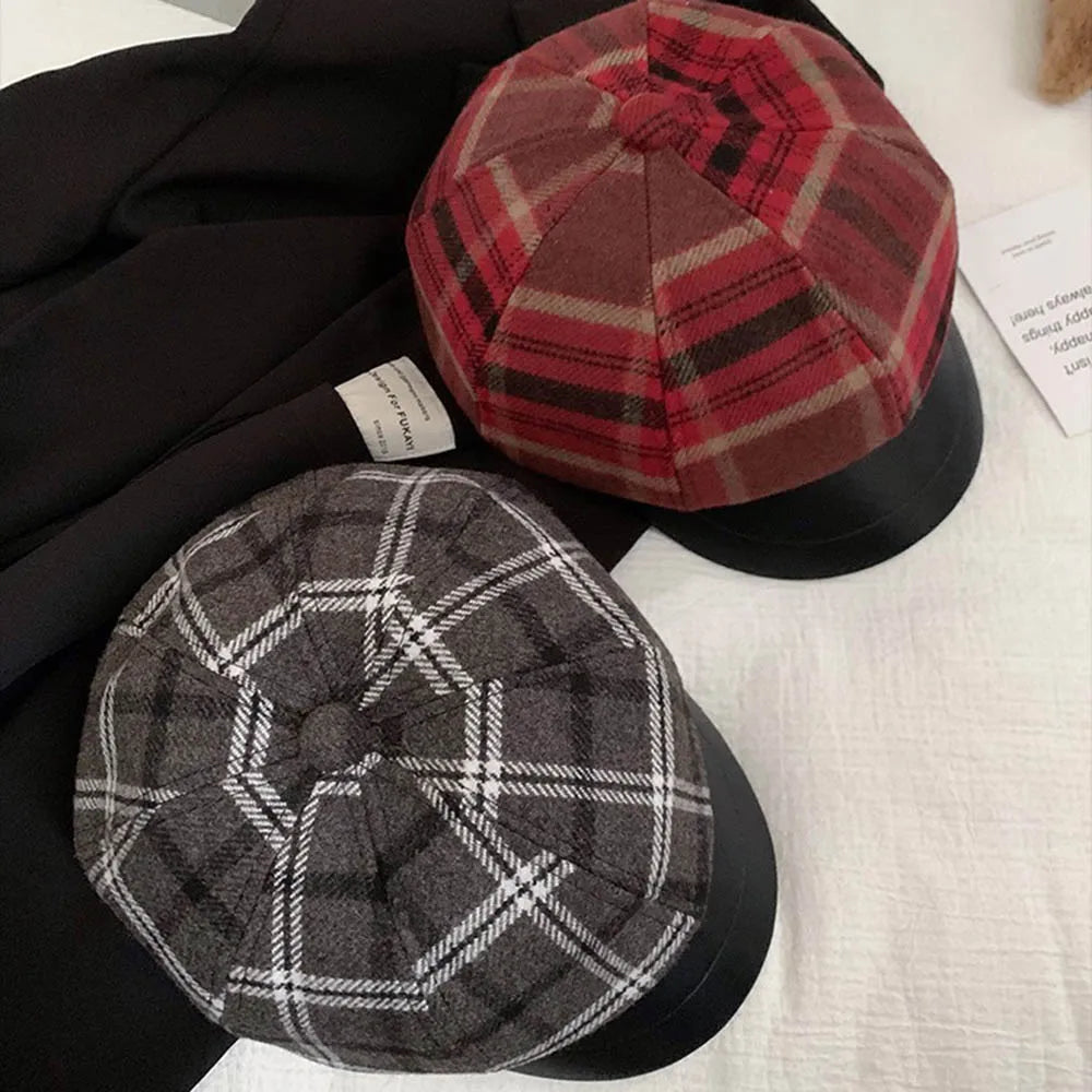 Seattle Women Tartan Leather Cotton Newsboy Cap