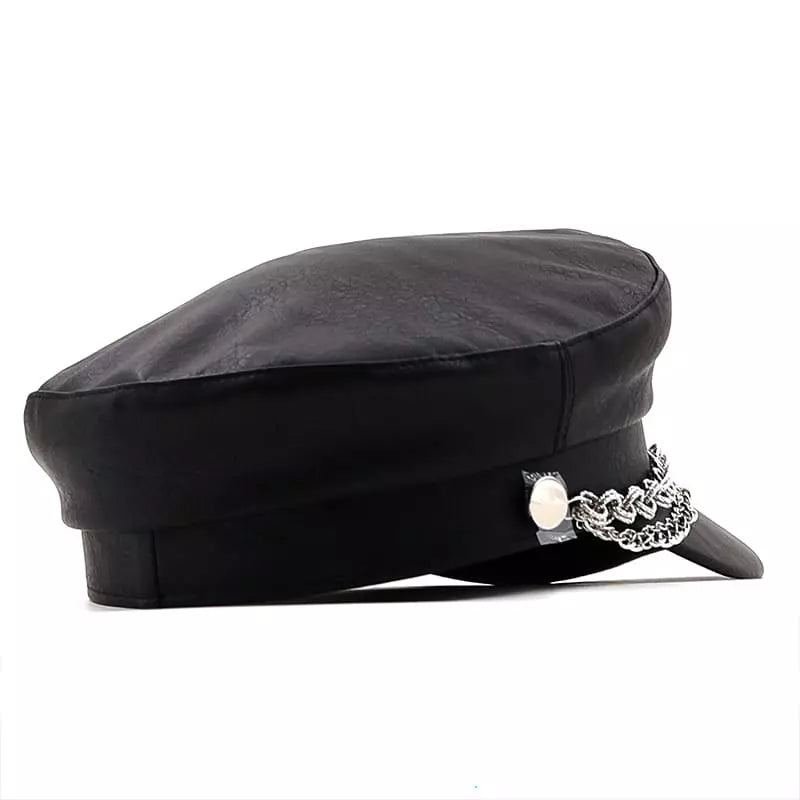 Silver Chain Leather Sailor Cap