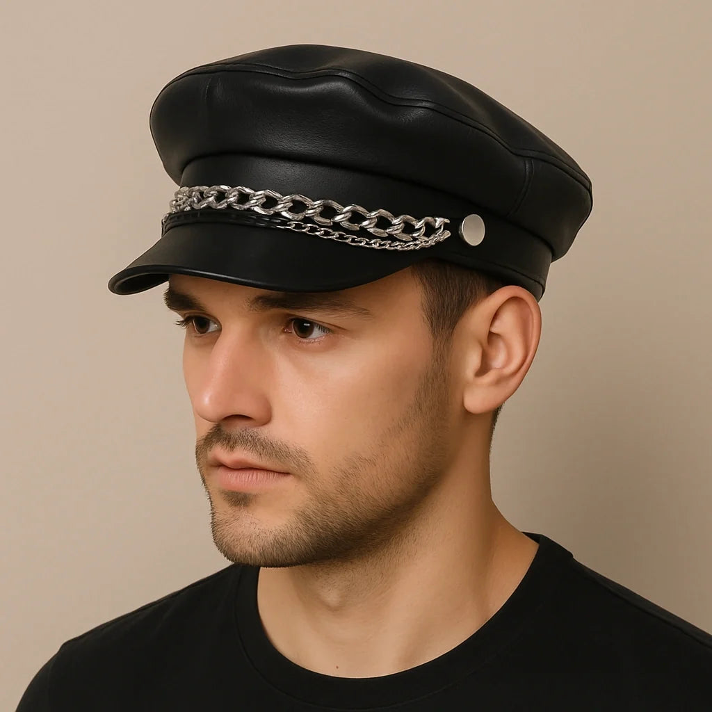 Silver Chain Leather Sailor Cap