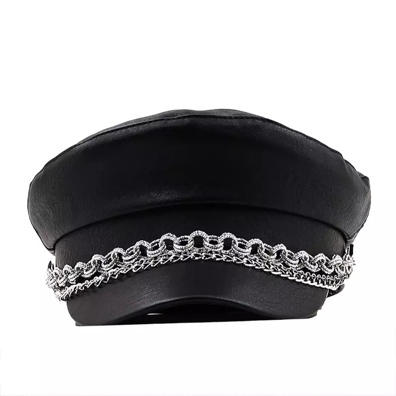 Silver Chain Leather Sailor Cap
