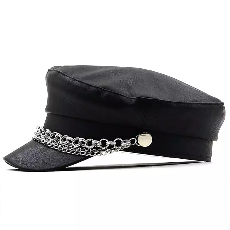 Silver Chain Leather Sailor Cap