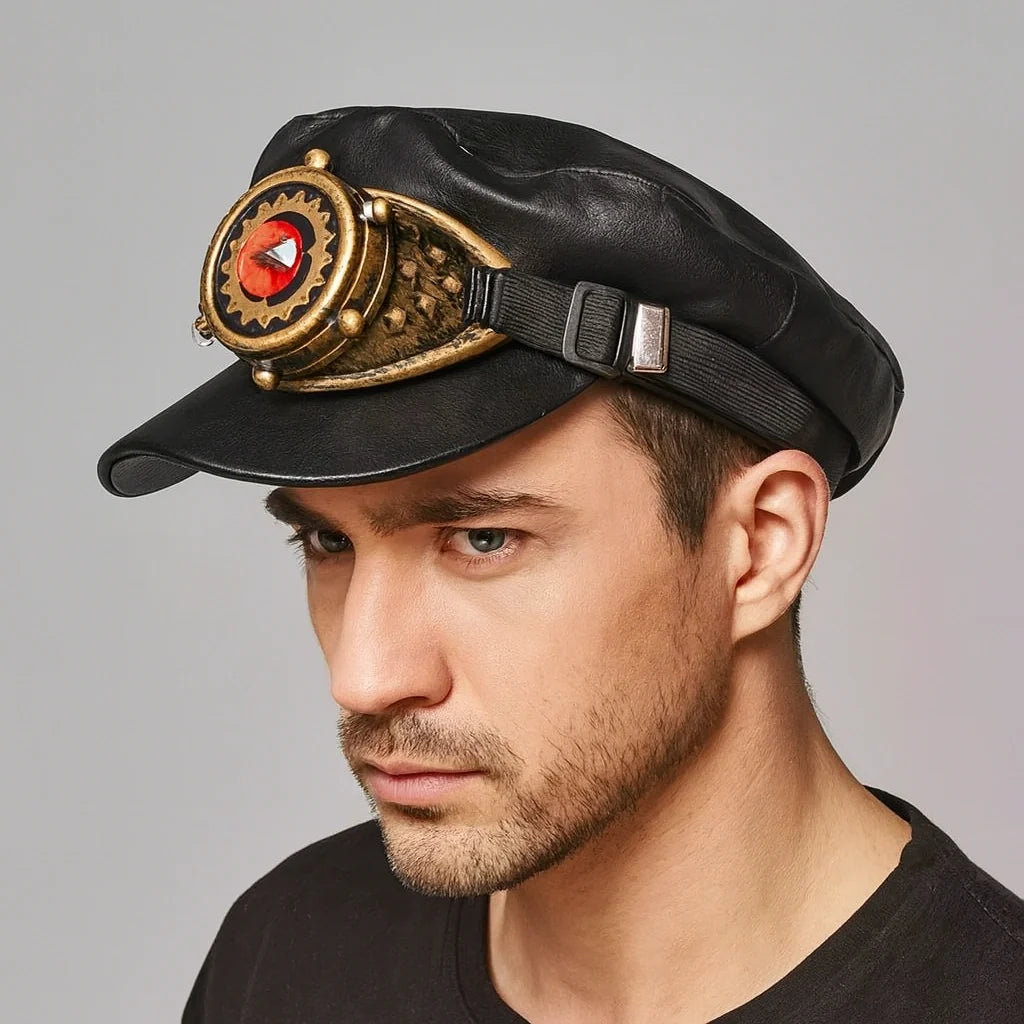 Steampunk Gears Black Leather Sailor Cap