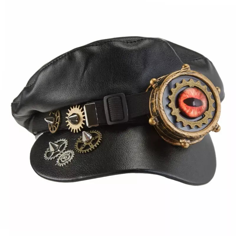 Steampunk Gears Black Leather Sailor Cap