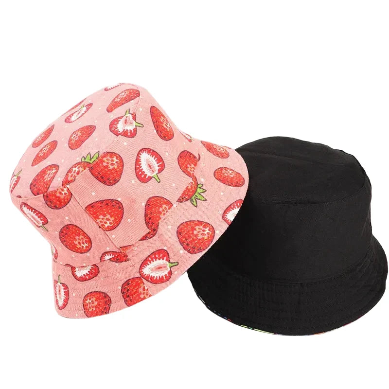 Strawberries Red Cotton Reversible Bucket Hat