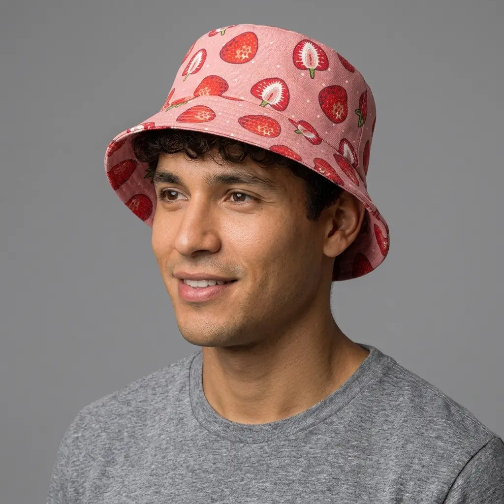 Strawberries Red Cotton Reversible Bucket Hat
