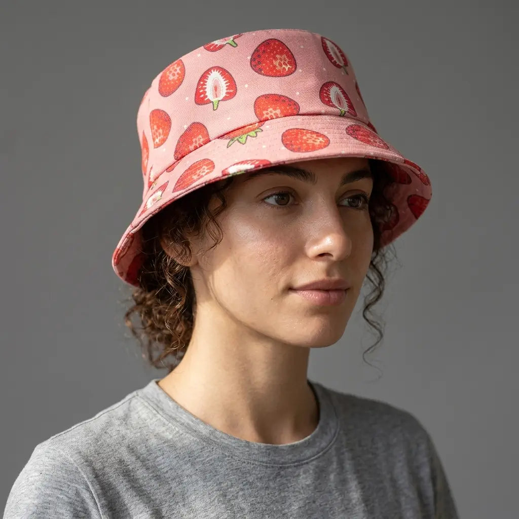 Strawberries Red Cotton Reversible Bucket Hat