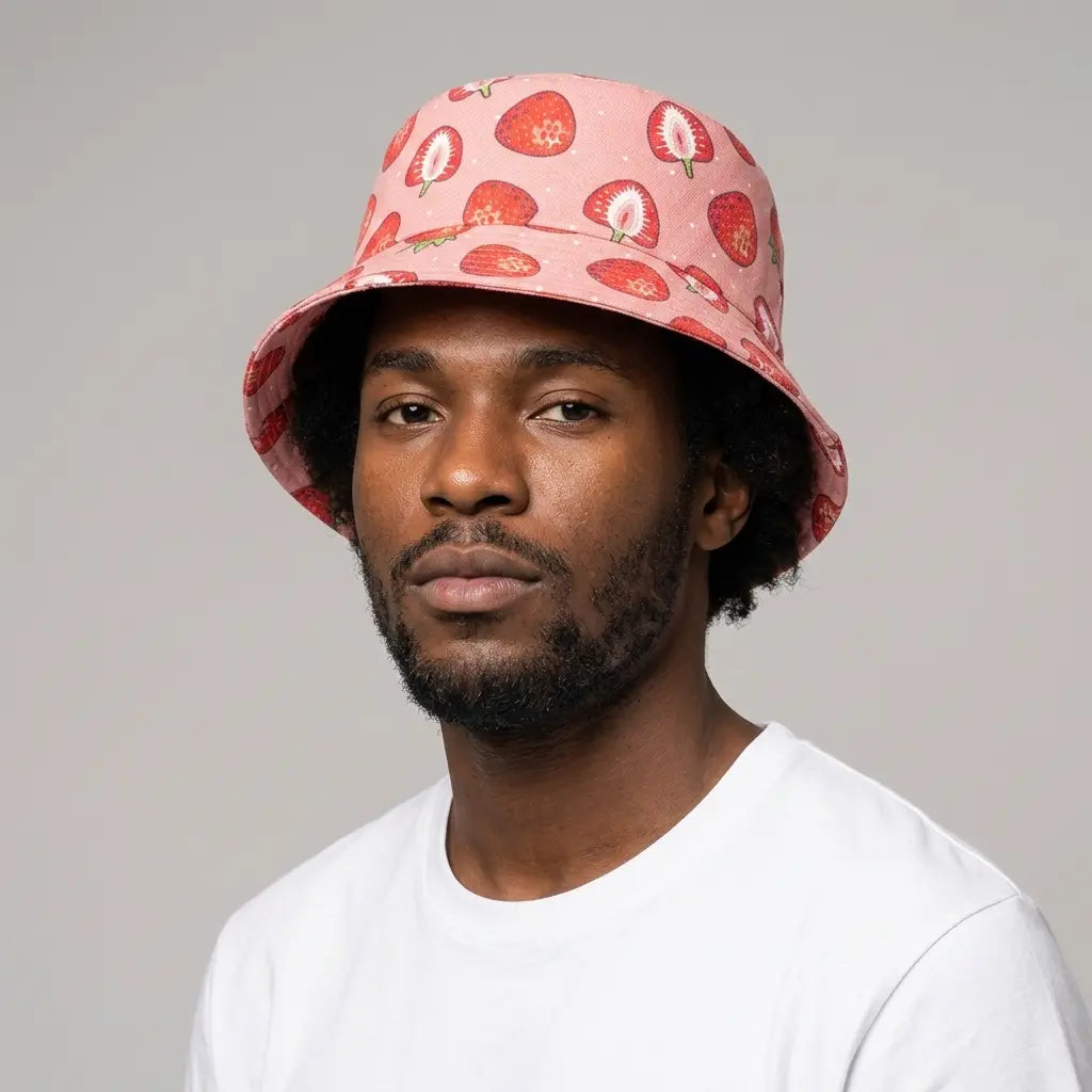 Strawberries Red Cotton Reversible Bucket Hat