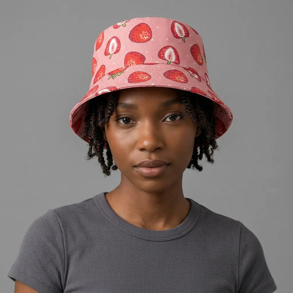 Strawberries Red Cotton Reversible Bucket Hat