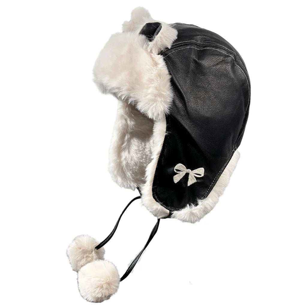The Ribbon Winter Leather Pom Pom Bomber Hat