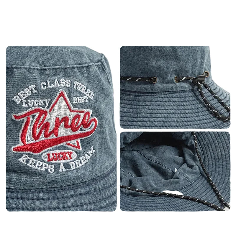 Three Stars Lucky Washed Cotton Bucket Hat