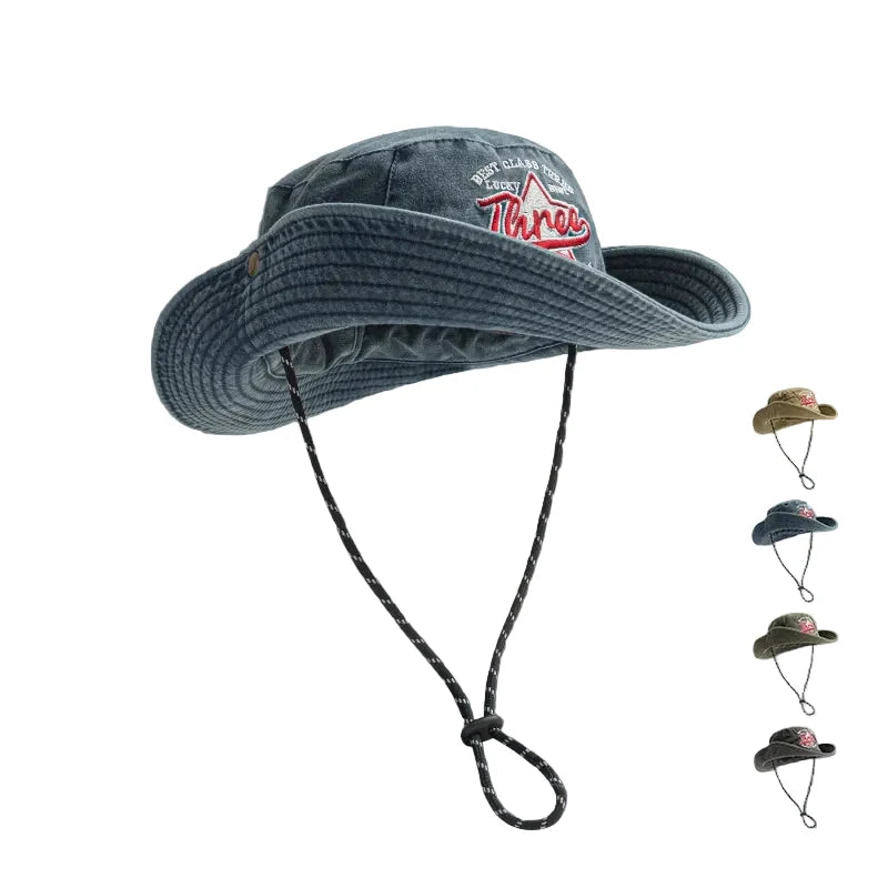 Three Stars Lucky Washed Cotton Bucket Hat