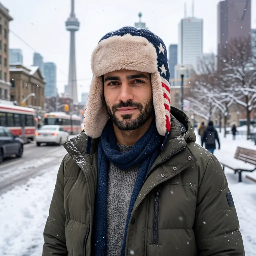 USA Flag Winter Knitted Fur Bomber Hat