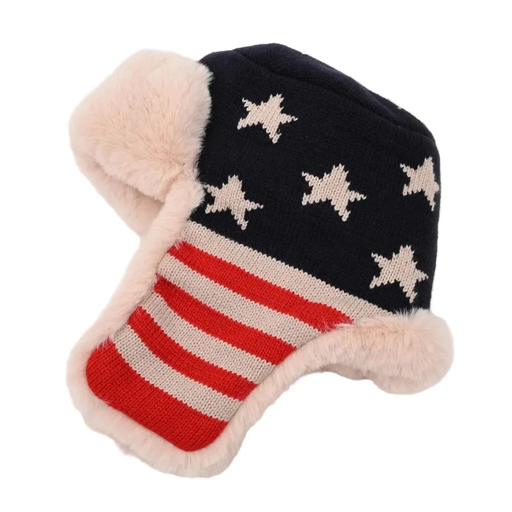 USA Flag Winter Knitted Fur Bomber Hat