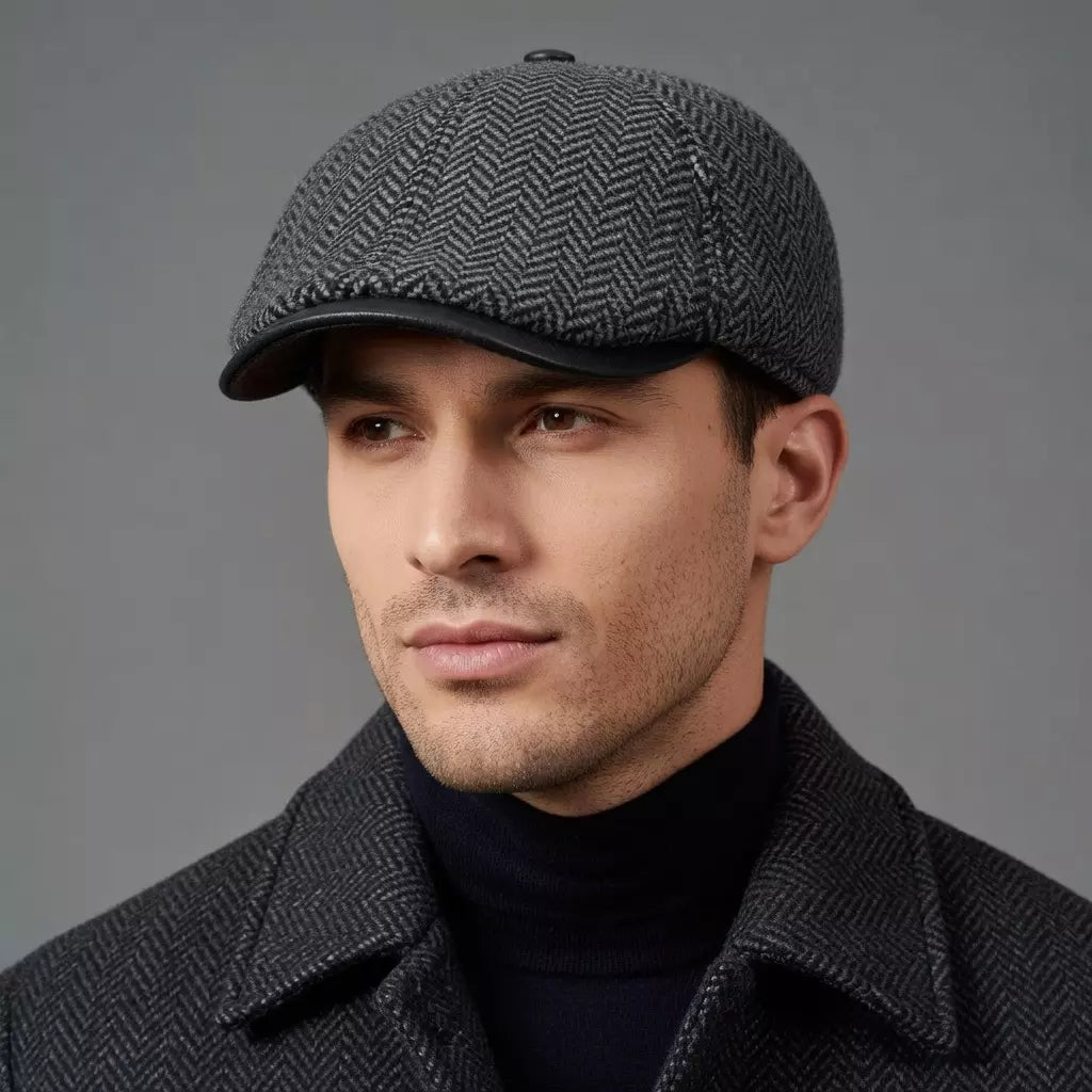 Vancouver Herringbone Genuine Leather Wool Duckbill Flat Cap