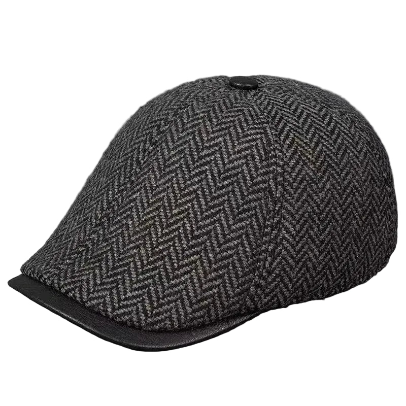 Vancouver Herringbone Genuine Leather Wool Duckbill Flat Cap