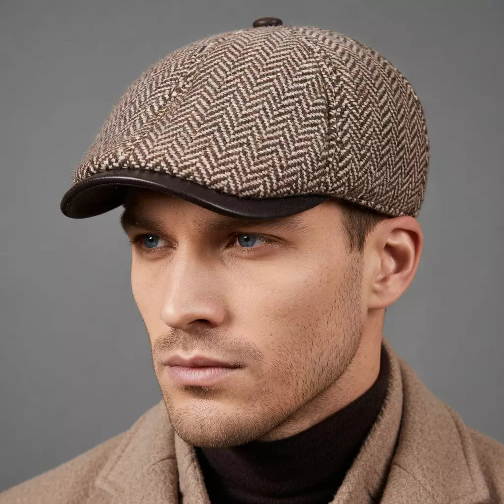 Vancouver Herringbone Genuine Leather Wool Duckbill Flat Cap