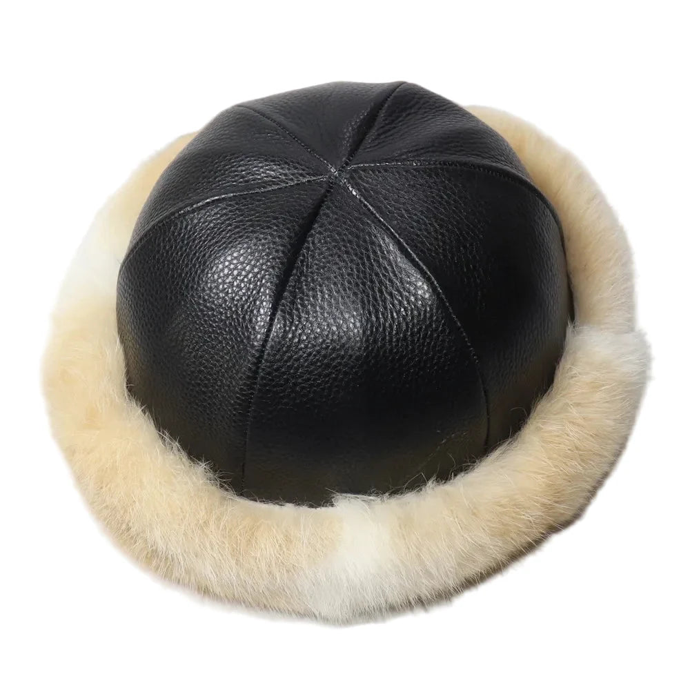 Vermont Winter Natural Rabbit Fur Genuine Leather Docker Cap