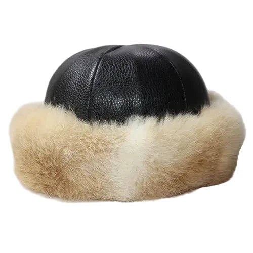 Vermont Winter Natural Rabbit Fur Genuine Leather Docker Cap