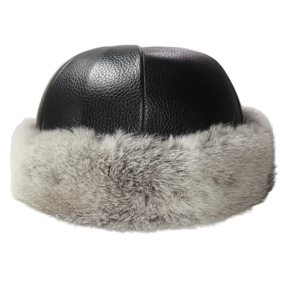 Vermont Winter Natural Rabbit Fur Genuine Leather Docker Cap