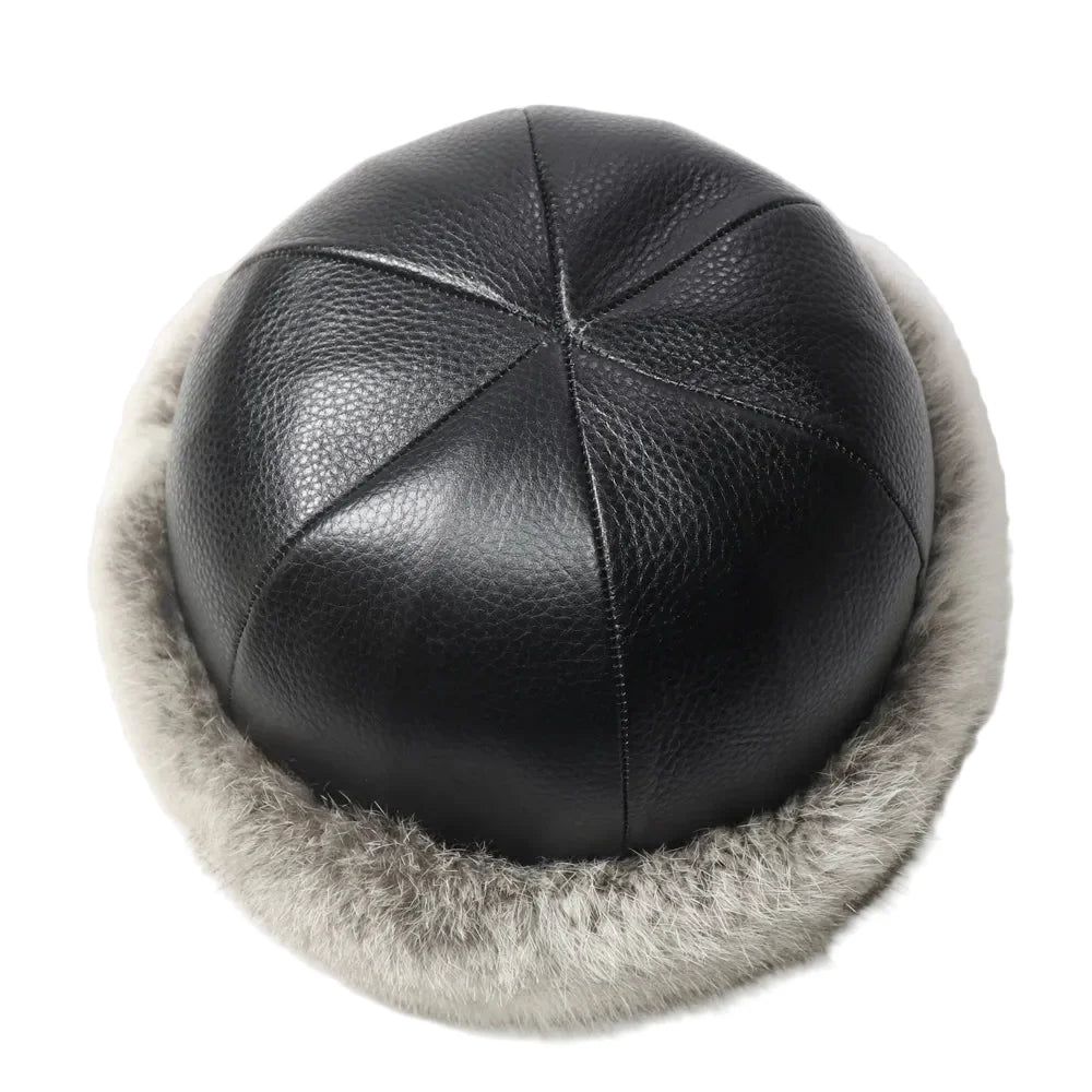 Vermont Winter Natural Rabbit Fur Genuine Leather Docker Cap