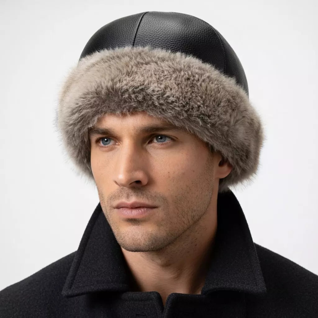 Vermont Winter Natural Rabbit Fur Genuine Leather Docker Cap