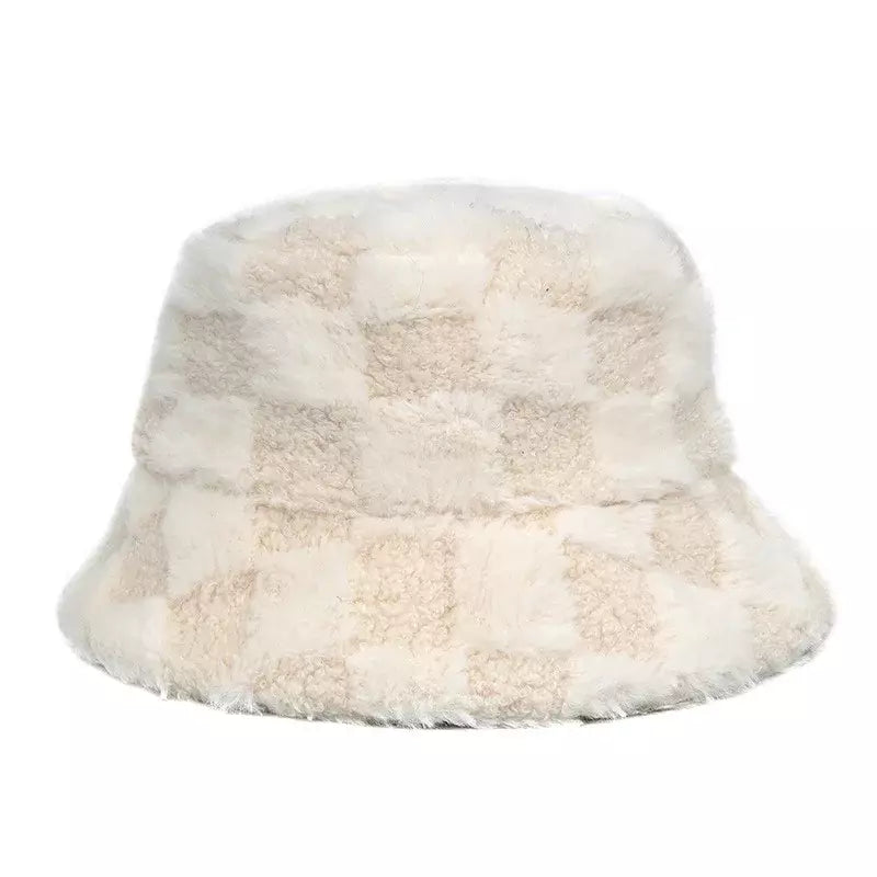 Vintage Plaid Fur Bucket Hat