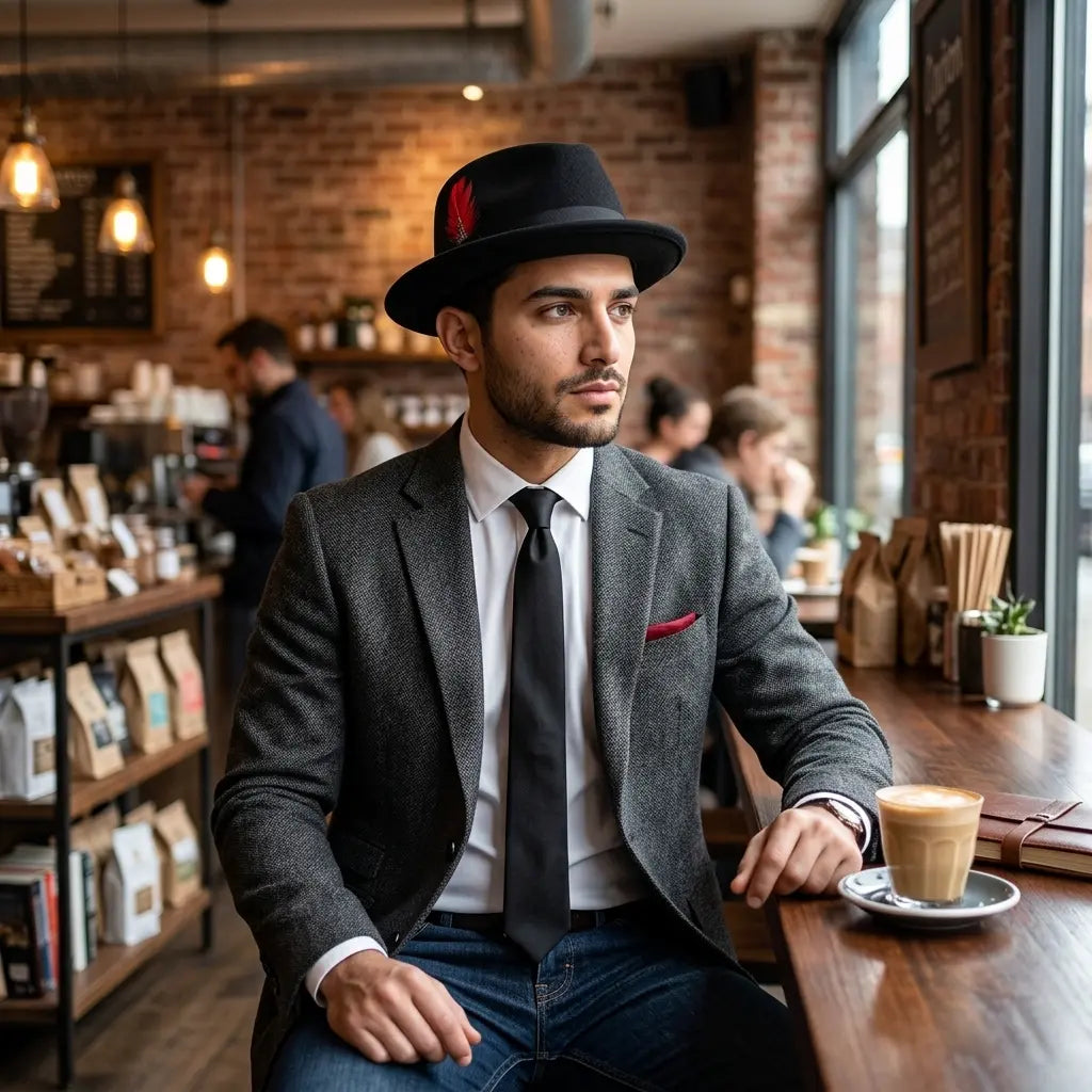 Virginia Feathers Black Wool Porkpie Hat