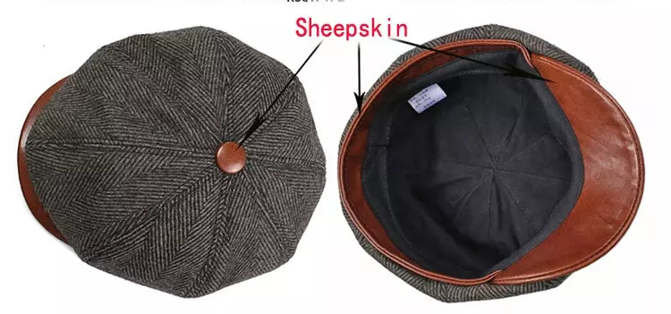 Wayne Herringbone Wool & Leather Newsboy Cap