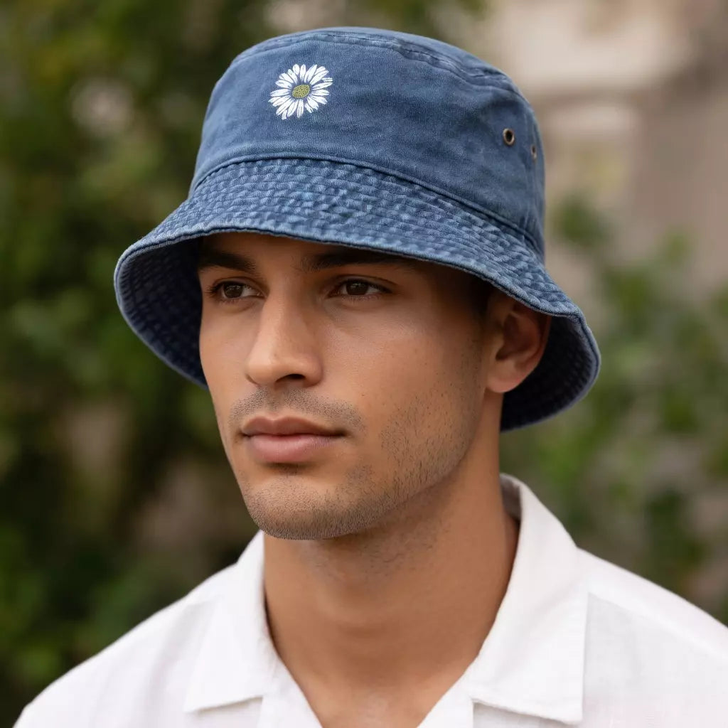 White Daisy Washed Cotton Bucket Hat