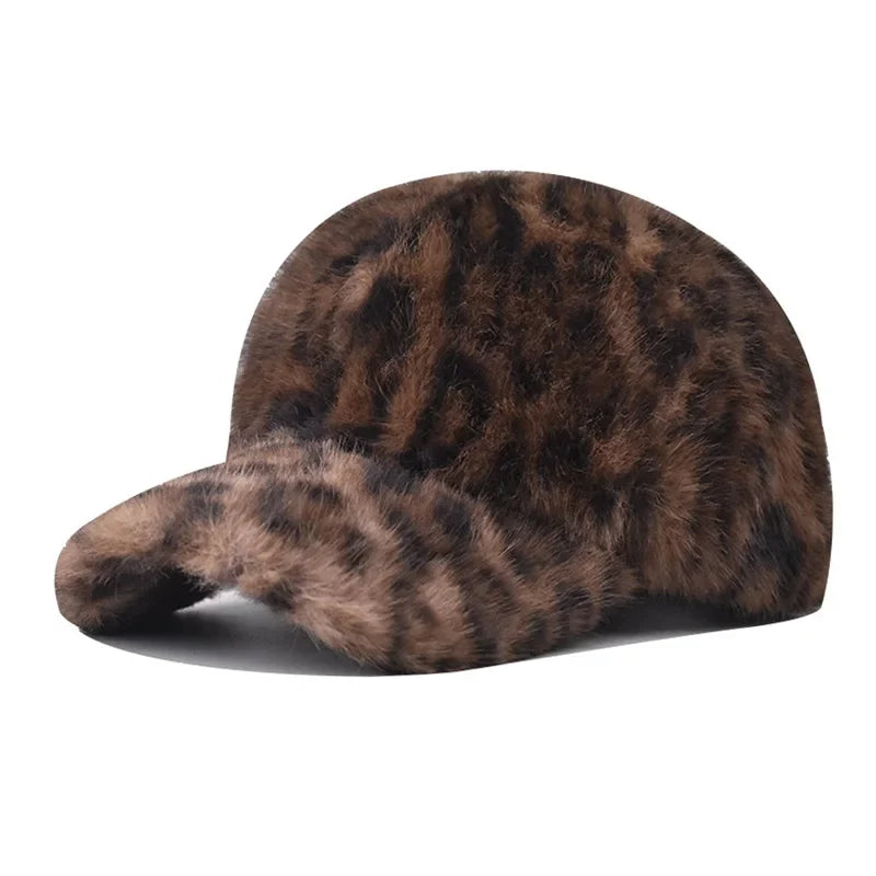 Winter Furry Leopard Print Baseball Cap