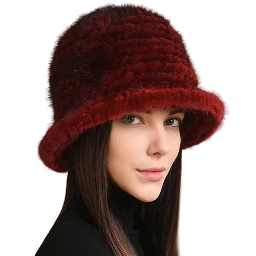 Winter Women Floral Natural Mink Fur Beanie Bucket Hat