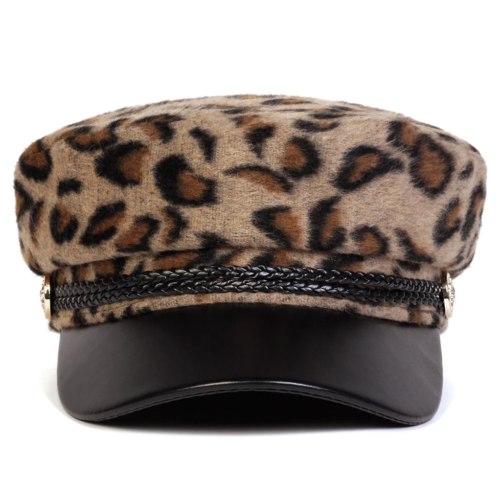 Women Leopard Print Plush Leather Sailor Cap