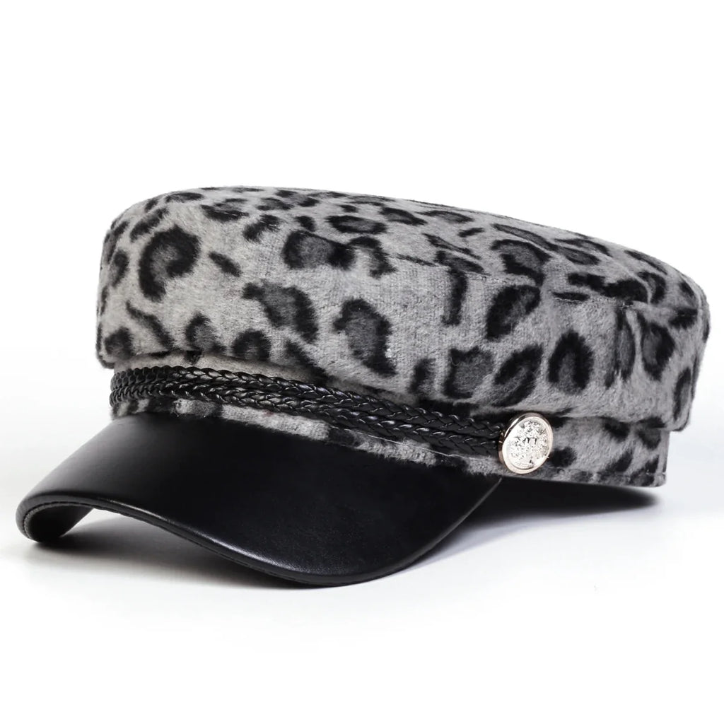 Women Leopard Print Plush Leather Sailor Cap