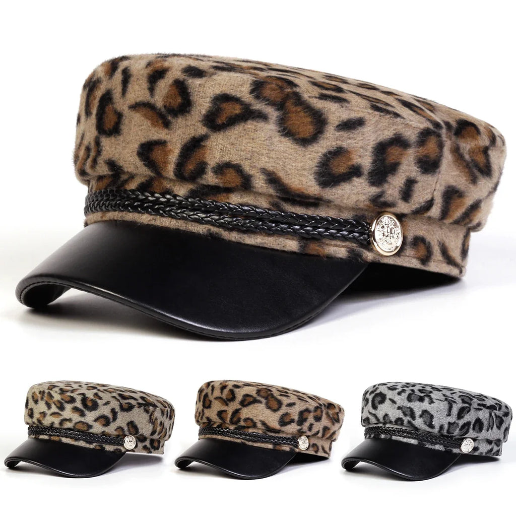 Women Leopard Print Plush Leather Sailor Cap