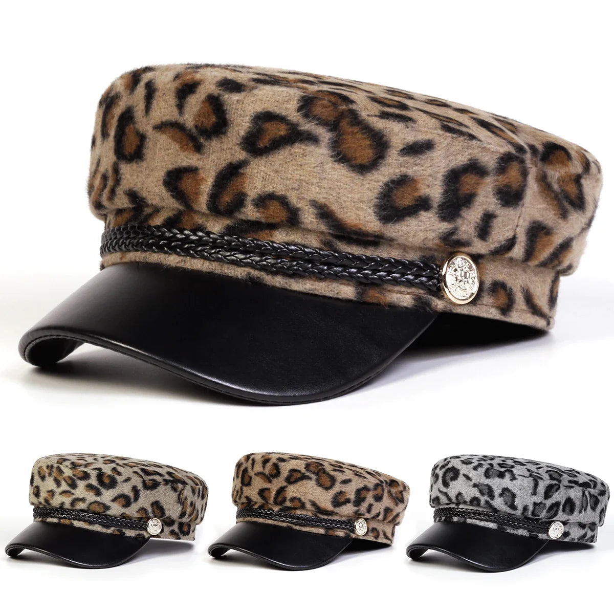 Women Leopard Print Plush Leather Sailor Cap