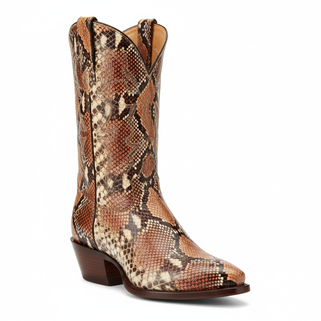 Snakeskin pattern cowboy boots in brown and tan